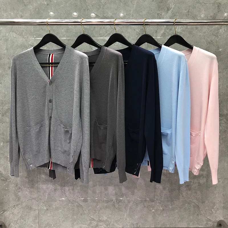 TB THOM Sweaters Men Slim Fit V-Neck Cardigans  Luxury Brand Men‘s Clothing Striped Cotton Spring and Autumn Casual Coat