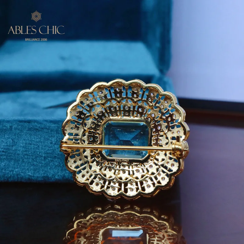 Sterling Silver 7ct Natural Topaz Brooch Traditional Fretworks Flower Bridal Wedding Pin C11N3S26200