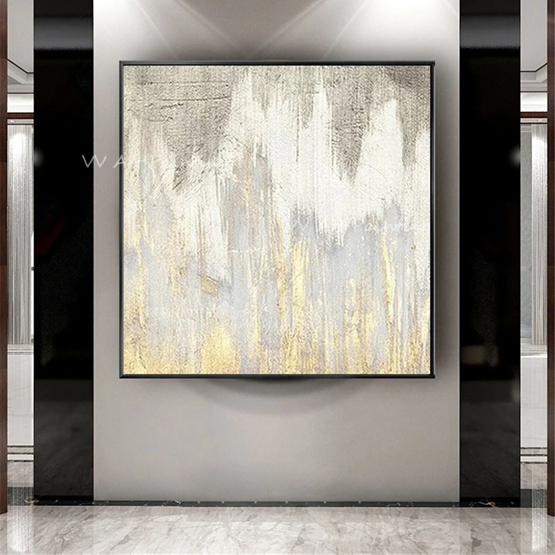 

100% Handmade gold foil simple pure square landscape thick high quality Oil Painting Modern Living room Home Decoration