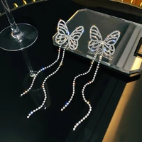 korean fashion long tassel butterfly dangle earrings for women shiny rhineston stars pendant girls drop earring party jewelry