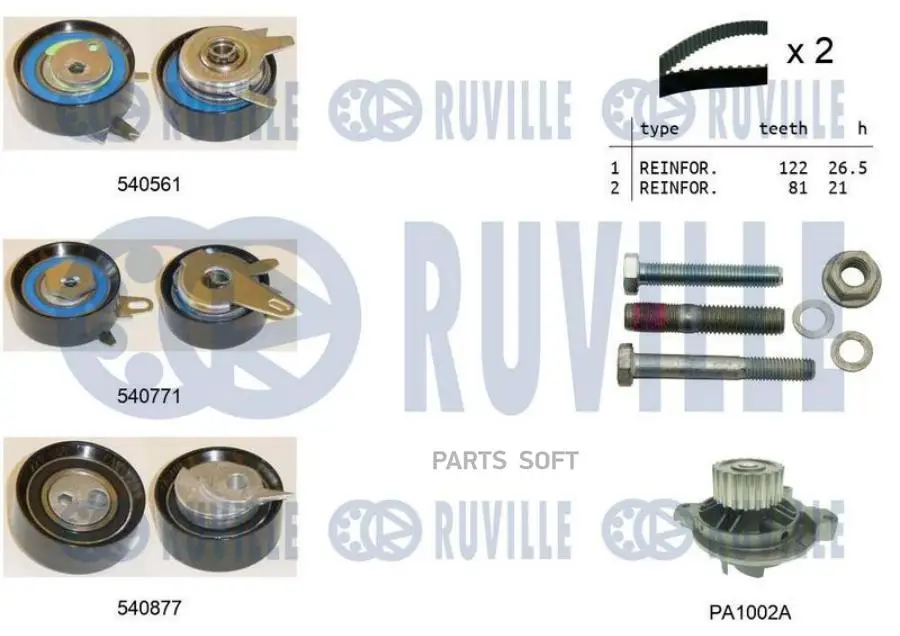 RUVILLE 5503851 Комплект ГРМ с помпой VW LT 28-35/28-46/TRANSPORTER IV 2.5TDI (ролик 3шт+ремень 122x26.5+ремень