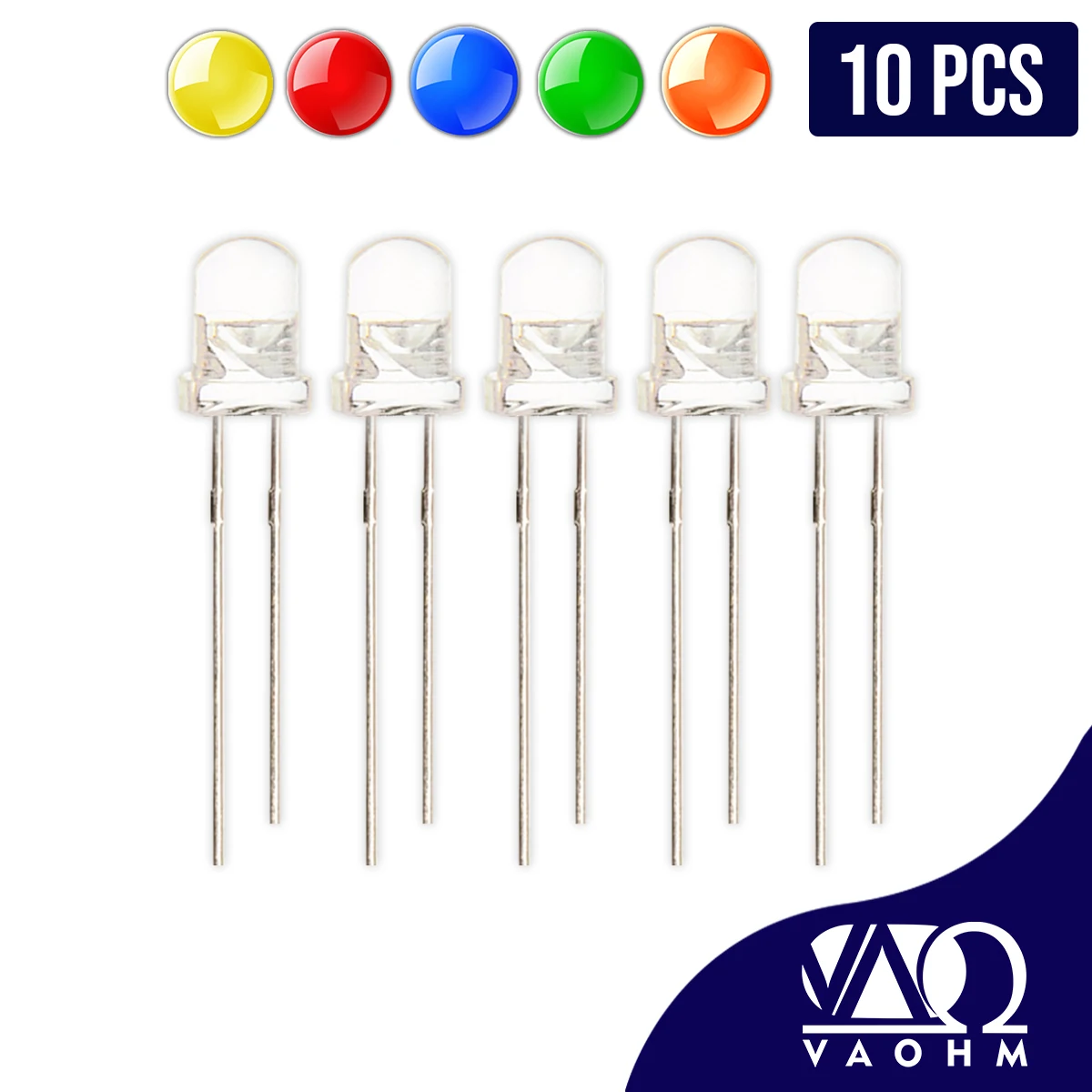 

LED F5 Water Clear Round 5mm Light Emitting Diode (RED/BLUE/GREEN/ORANGE/YELLOW/WHITE) 10PCS/LOT