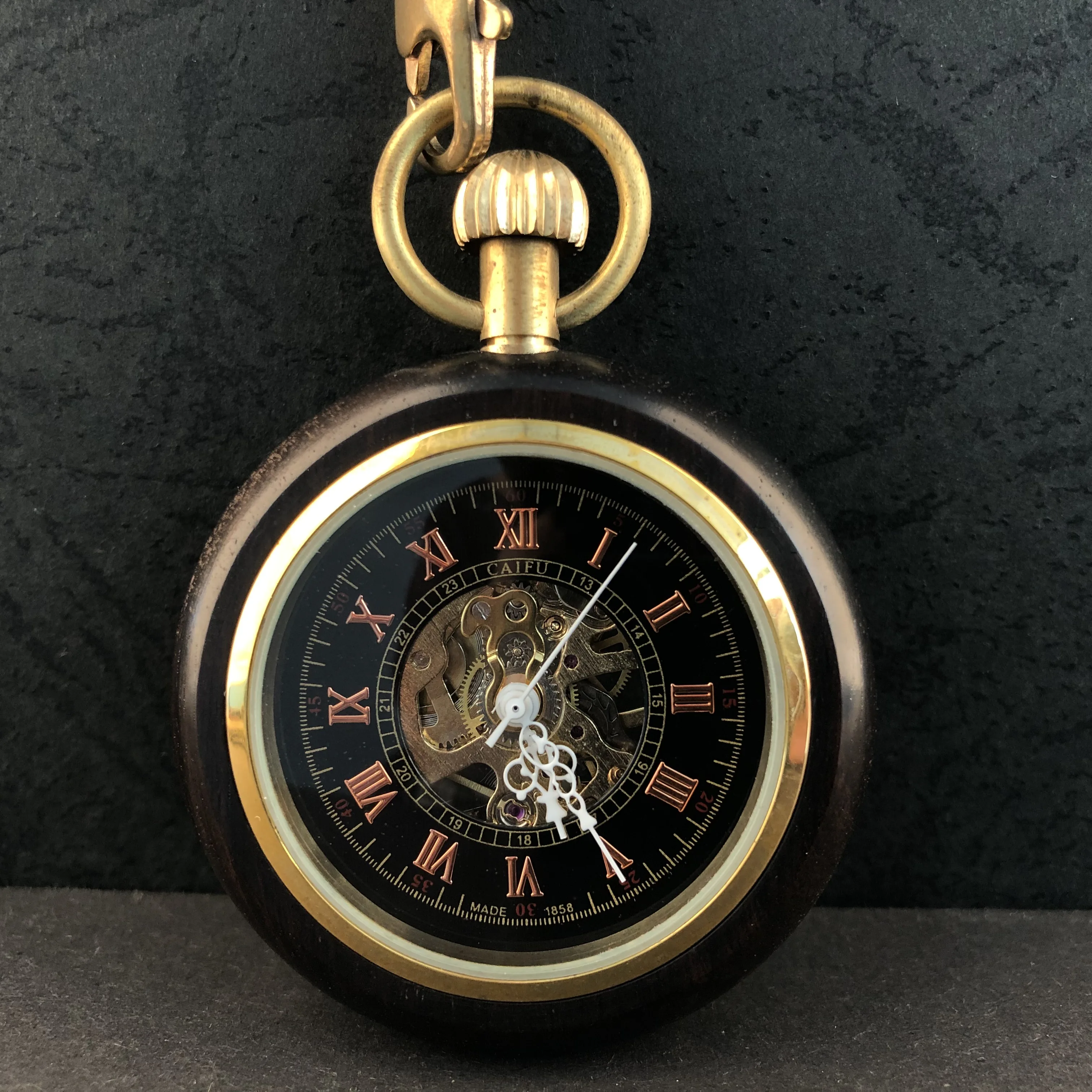 Mechanical Black Wooden Roman Numerals Vintage Pocket Watch Necklace Pendant Gifts For Women Or Man with Fob Chain