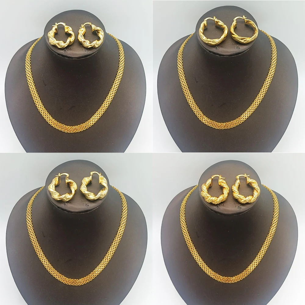 

Gold Plated Jewelry Set For Women African Bridal Copper Necklace Round Twist Earrings Dubai Nigerian Wedding Jewelry Accessories