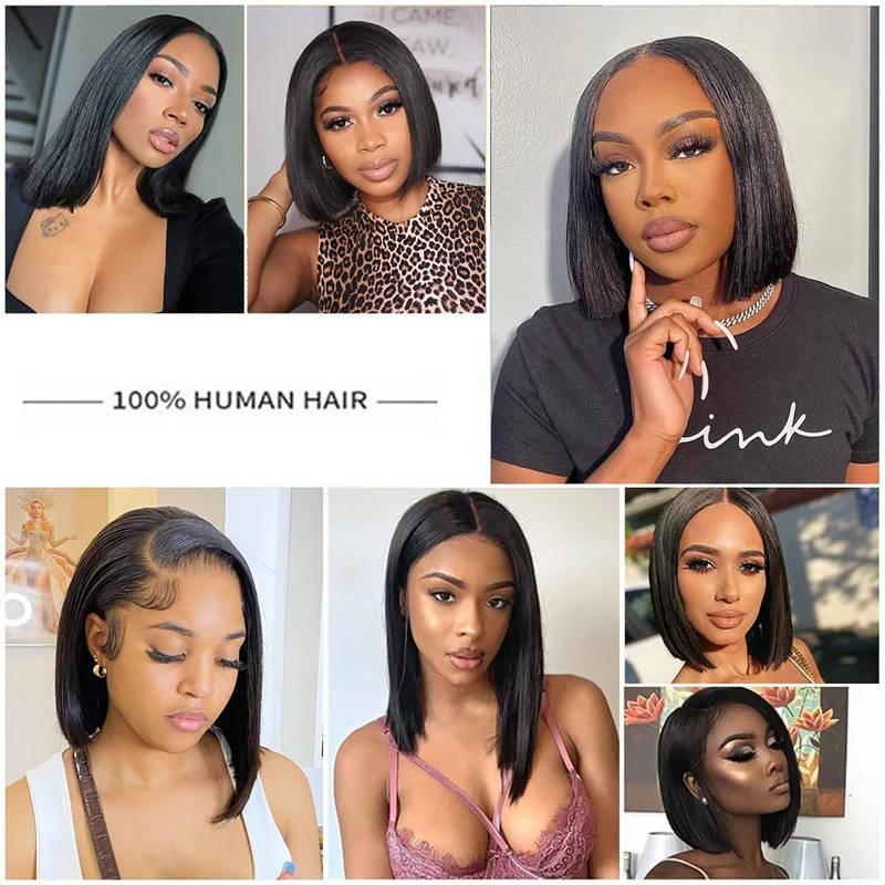 Straight Bob Frontal Wig Lace Natural Black #1B Pre Plucked With Baby Hair 200% Density Short Wigs For Women