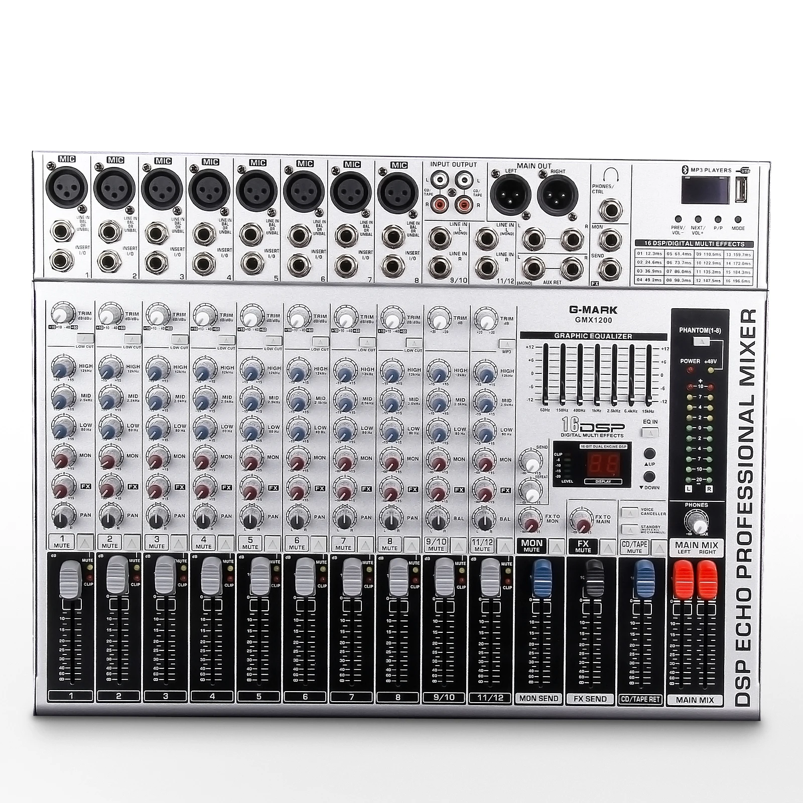 

DJ Mixer G-MARK GMX1200 12 Channel Professional USB Audio Mixing Console Music Studio 8 Mono 4 Stereo 7 Brand EQ 16 Effect Podca