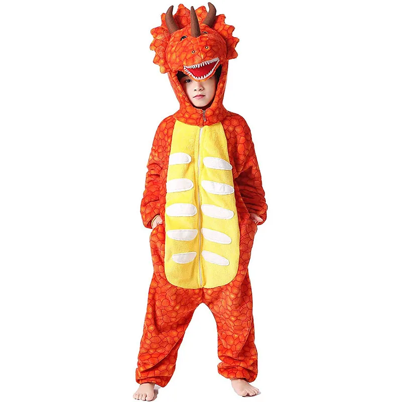 Family Kigurumi Pajamas Orange Triceratops Animal Onesie Cosplay Costume Pajamas For Kids and Adults With Slippers