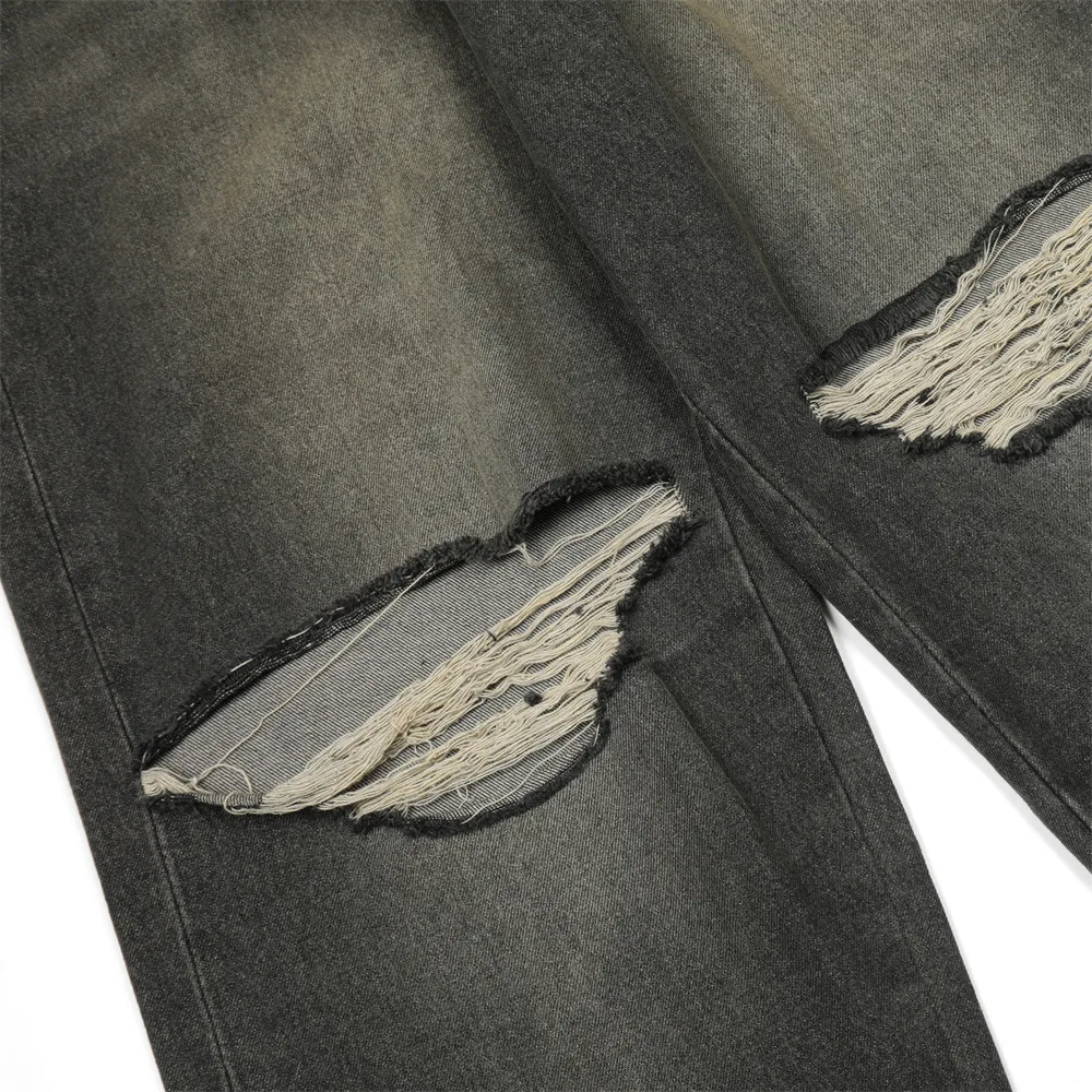 Mens Loose Jeans Wide Leg Denim Cargo Hole Pants Straight Baggy Pantalones Hip Hop Streetwear Skateboard Neutral Denim Trousers