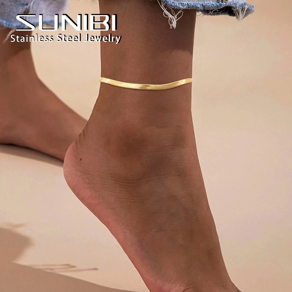 SUNIBI Stainless Steel Snake Chain Anklet for Women Summer Beach Gold Plated Anklets Fashion Jewelry Dropshipping Wholesale