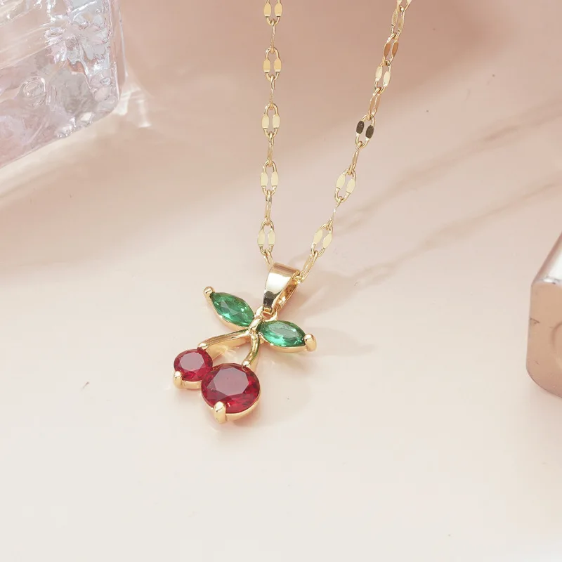 Fashion Korean style red cherry pendant micro-set zircon cute fruit necklace temperament cherry personality clavicle chain gift