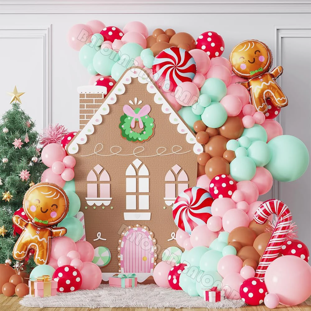 

126Pcs Gingerbread Man Christmas Balloon Garland Kit Pastel Pink Green Balloons for Xmas Gingerbread House New Year Decorations