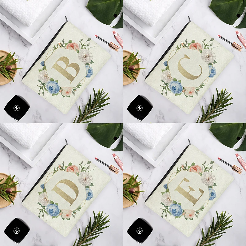 

Geometry Flower Wreath Golden English Alphabets White Linen Cosmetic Bag For Women Makeup Wedding Storage 15x22cm/18x25cm