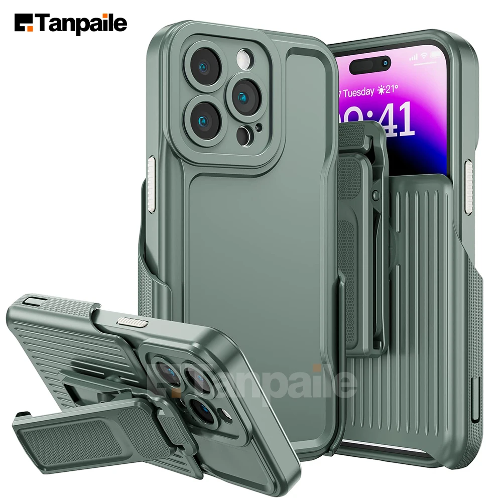 

Tanpaile Heavy Duty Phone Case for iPhone 14 Pro Max Plus 13 12 11 Outdoor Sports Clip-on Holster Drop-proof Stand PC Cover