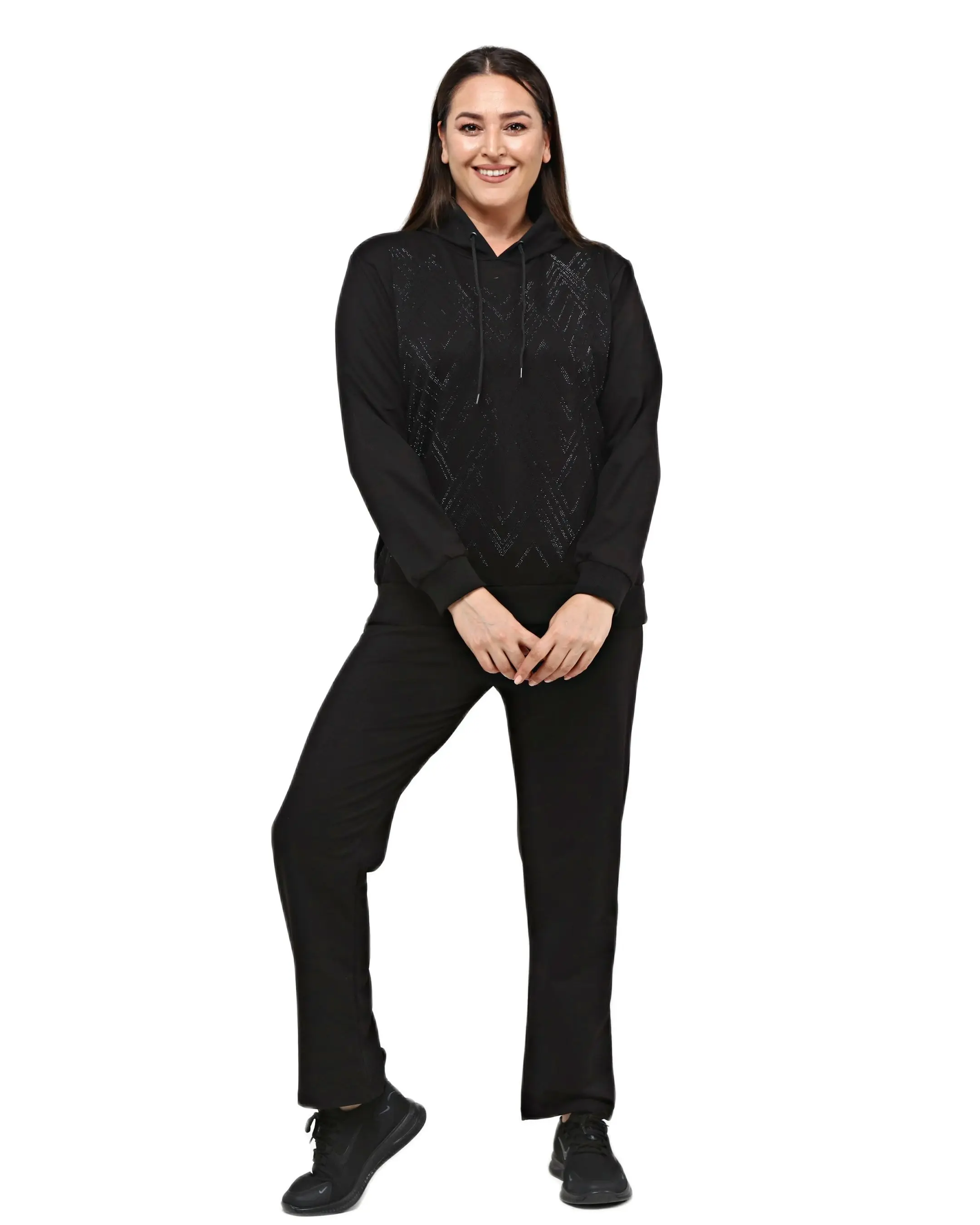 Women’s Plus Size Black Sweatsuit Set 2 Piece Zigzag Stone Print Tracksuit, Designed and Made in Turkey, New Arrival