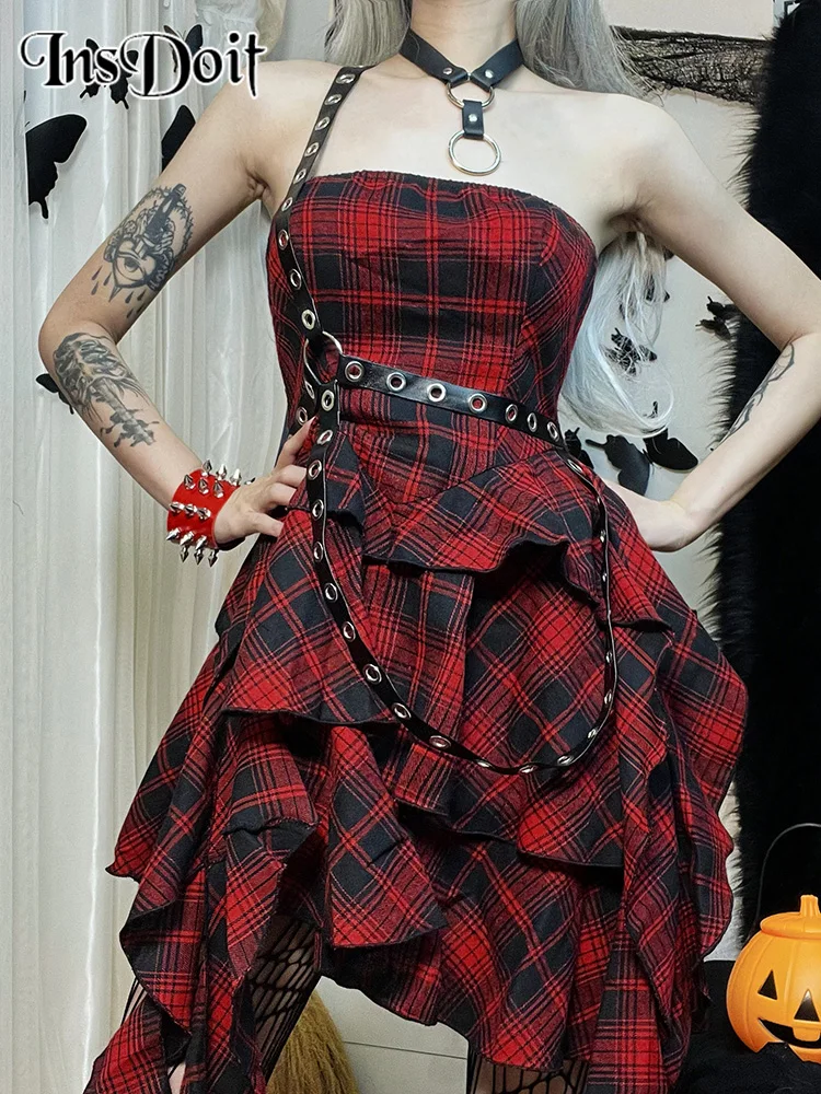 

InsDoit Gothic Plaid Red Summer Dress Women Lolita Streetwear Sleeveless Punk Off Shoulder Sexy Dress Party Assymmetric Dresses