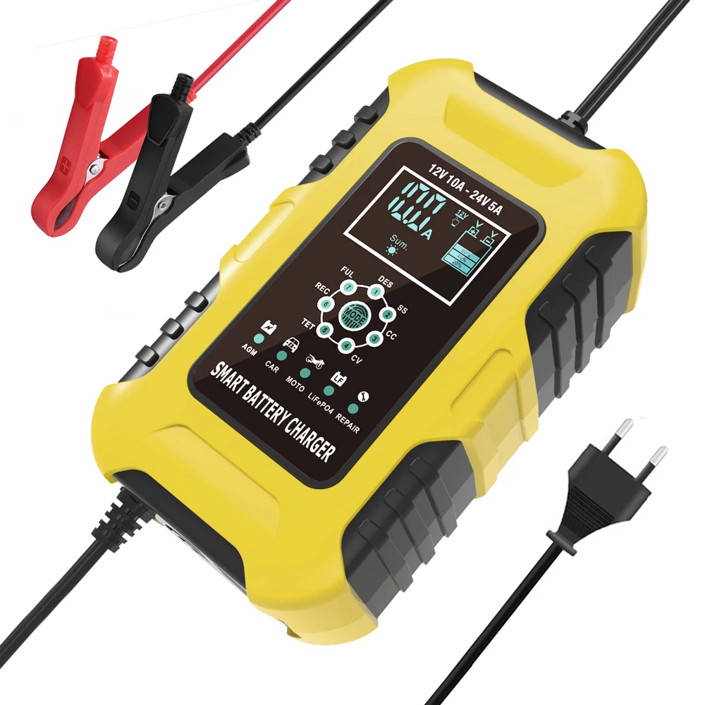 

FOXSUR Battery Charger 12V 10A 24V 5A Automatic Car Charger For Truck Motorcycle Lithium LiFePO4 Lead Acid AGM LCD Display