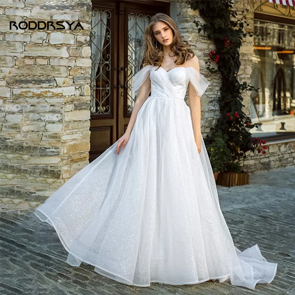

RODDRSYA Sparkly Off-Shoulder Wedding Dresses For Women Glitter Sweetheart Backless Sweep Train Bridal Gown Vestido De Novia