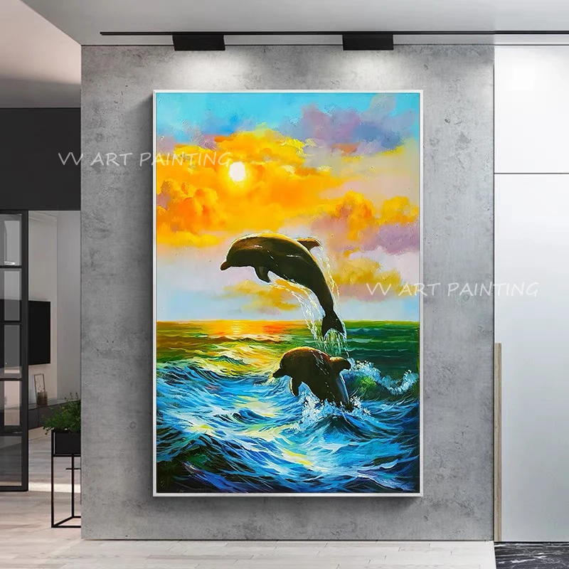 

100% Handmade Abstract Ocean seascape navy blue with sunset dolphin animal Oil Painting Wall Pictures Canvas Art Large Decor