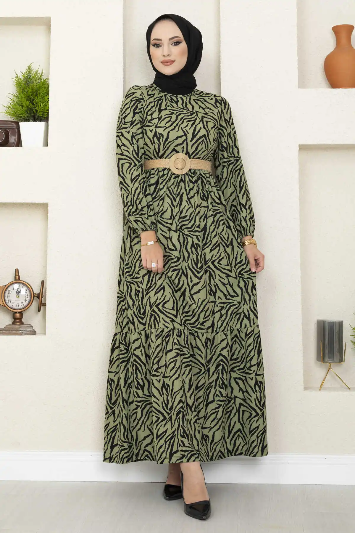 

New Fashion Branch Pattern Straw Belt Long Dress Hijab Women Islamic Clothing Colorful Muslim Turkish Made Dubai Turkey Free Shi