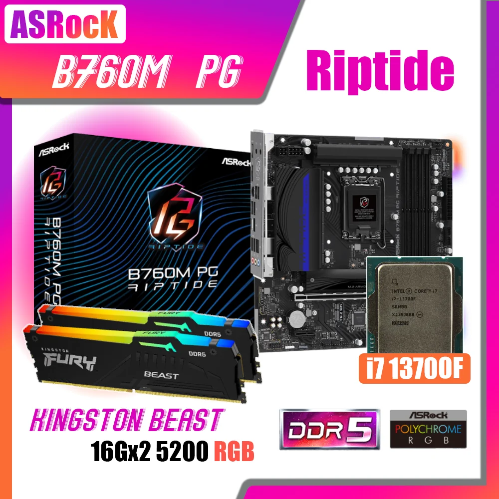 

Kit ASRock B760M PG Riptide DDR5 LGA1700 Motherboard With Intel Core i7 13700F Processor Fury DDR5 5200MHz 16G x2 RGB Memory