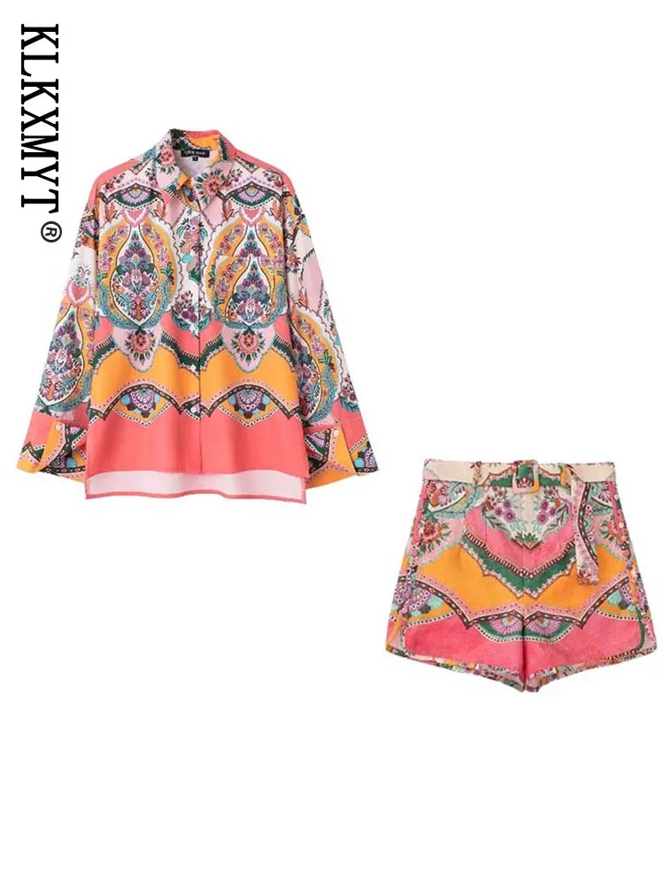 

KLKXMYT Traf 2022 Summer Shorts Sets Woman 2 Pieces Fashion Printed Shirts Tops+Wiht Belt Shorts Set Cusual Women Suit