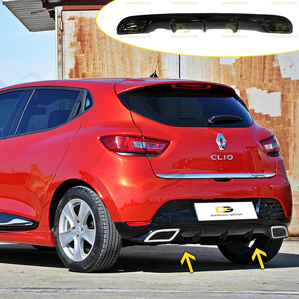 Renault Clio 4 2012 - 2019 Sport Style Rear Diffuser Splitter Lip With Left and Right Chrome Tips Piano Gloss Black Plastic