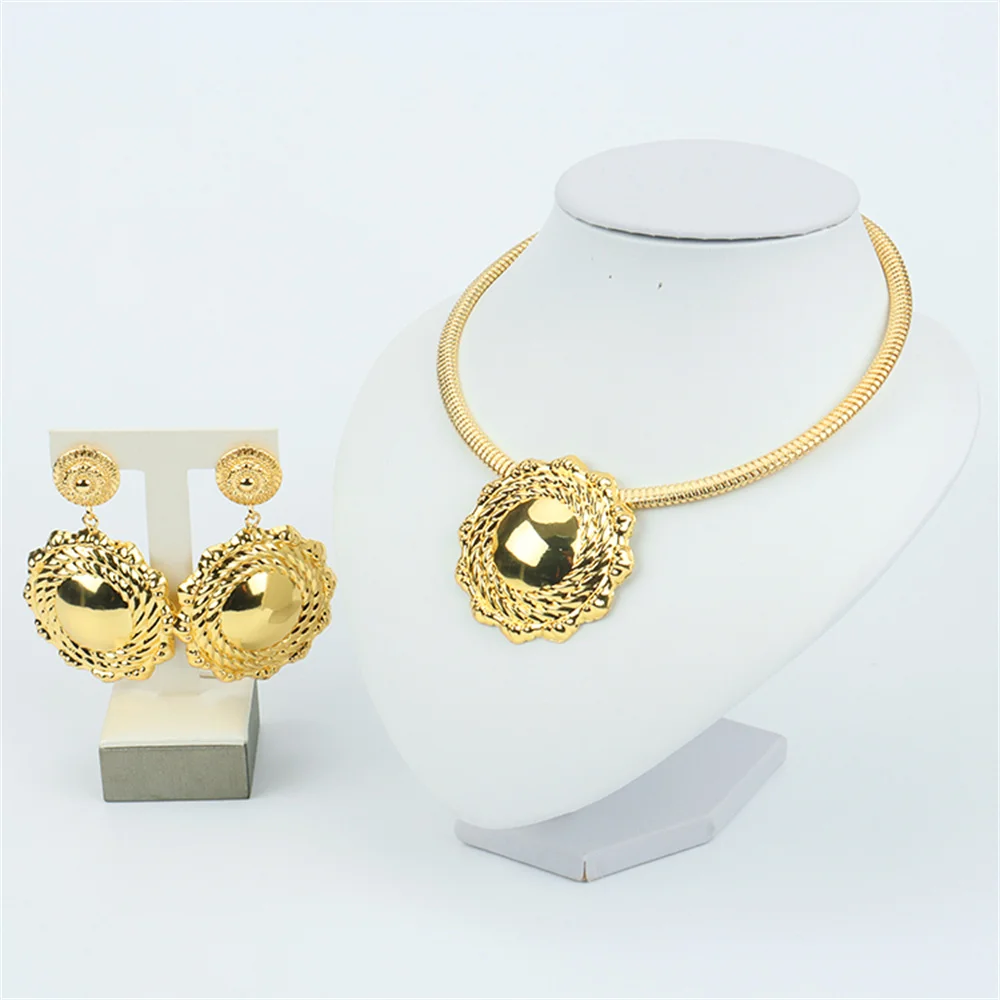 

Dubai Jewelry Set for Women Round Beads Pendant Necklace and Earrings Wedding Bridal Gold Plated Nigerian Accessory Gifts