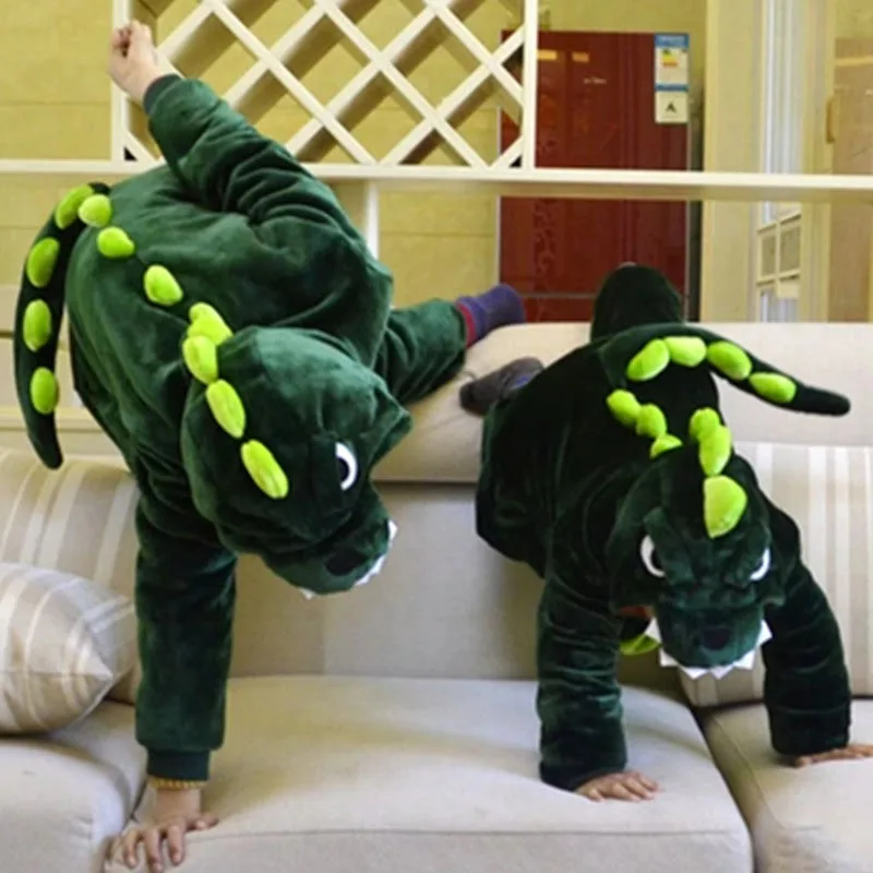 Family Kigurumi Pajamas Green Dinosaur Animal Onesie Cosplay Costume Pajamas For Kids and Adults With Slippers