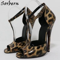 sorbern brown leopard women sandals t straps round toe 15cm high heel stilettos size us10 crossdresser fetish shoe custom