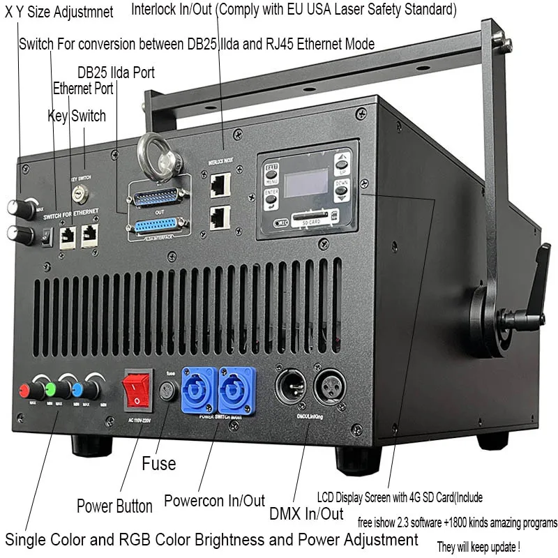 10W 20W 30W 40W 50W DMX ILDA SD Card RGB Многоцветный или одиночный анимационный лазерный проектор Satge Programmable Projector Dj Disco Light включен.