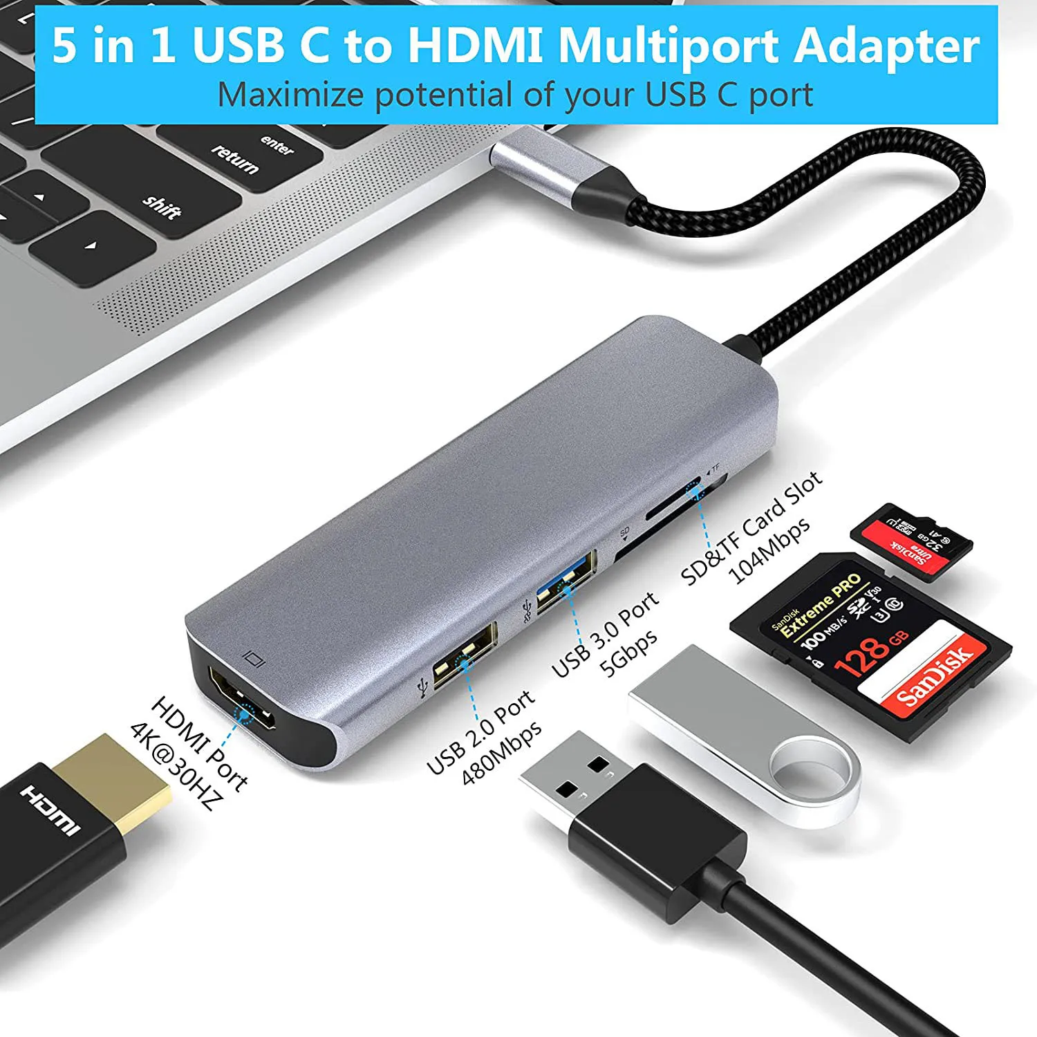 

USB C HUB 5 in 1 HDMI Adapter 4K Type C to HDMI 4K USB 3.0 SD/TF for Projection Data Transfer for MacBook Pro Air USB C Splitter