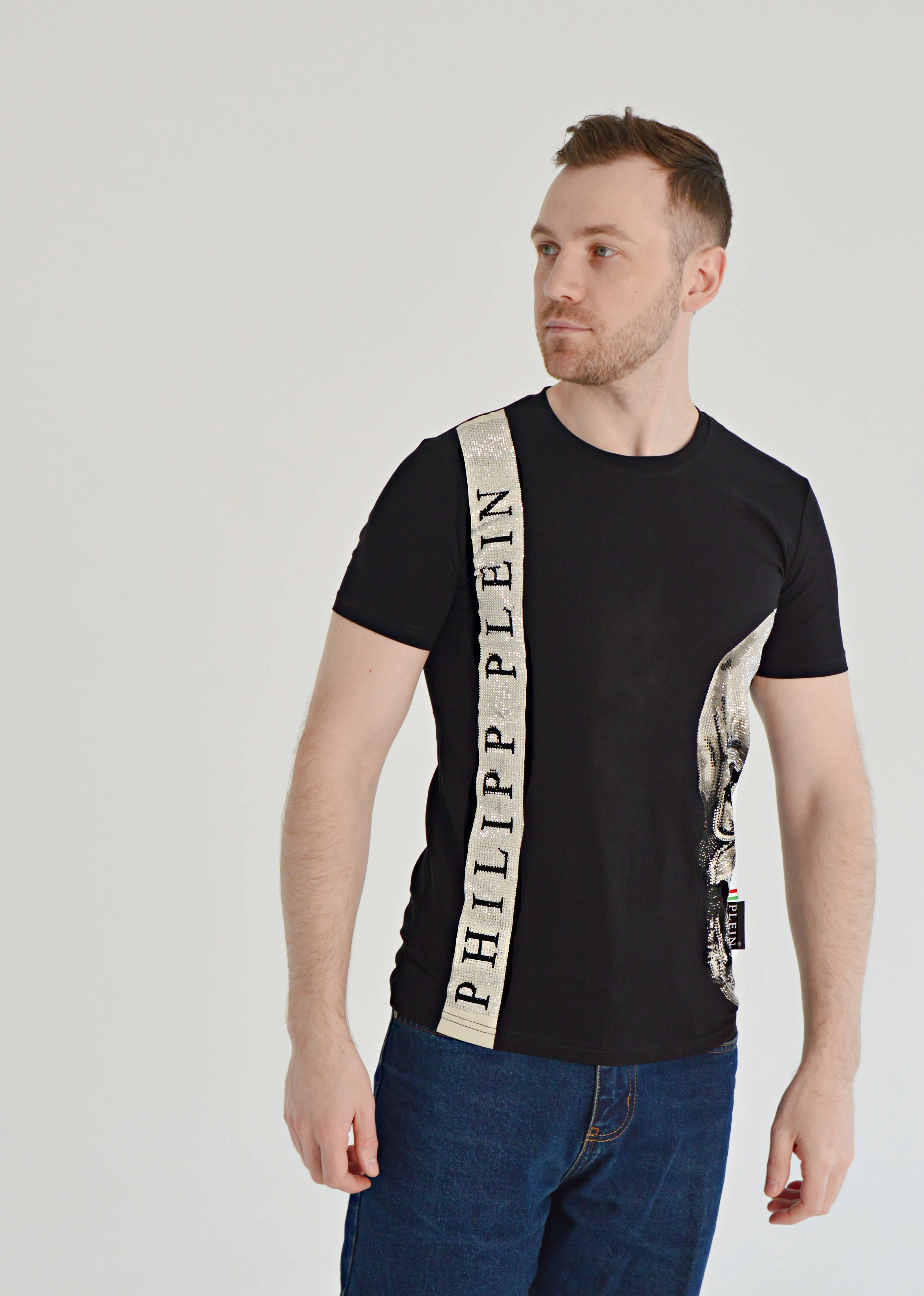 Футболка мужская Philipp Plein со стразами, вертикальная надпись ...