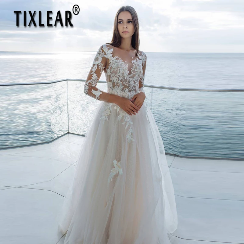 

Женское ТРАПЕЦИЕВИДНОЕ свадебное платье I OD, классическое элегантное Тюлевое платье с V-образным вырезом, длинным рукавом и кружевной аппли...