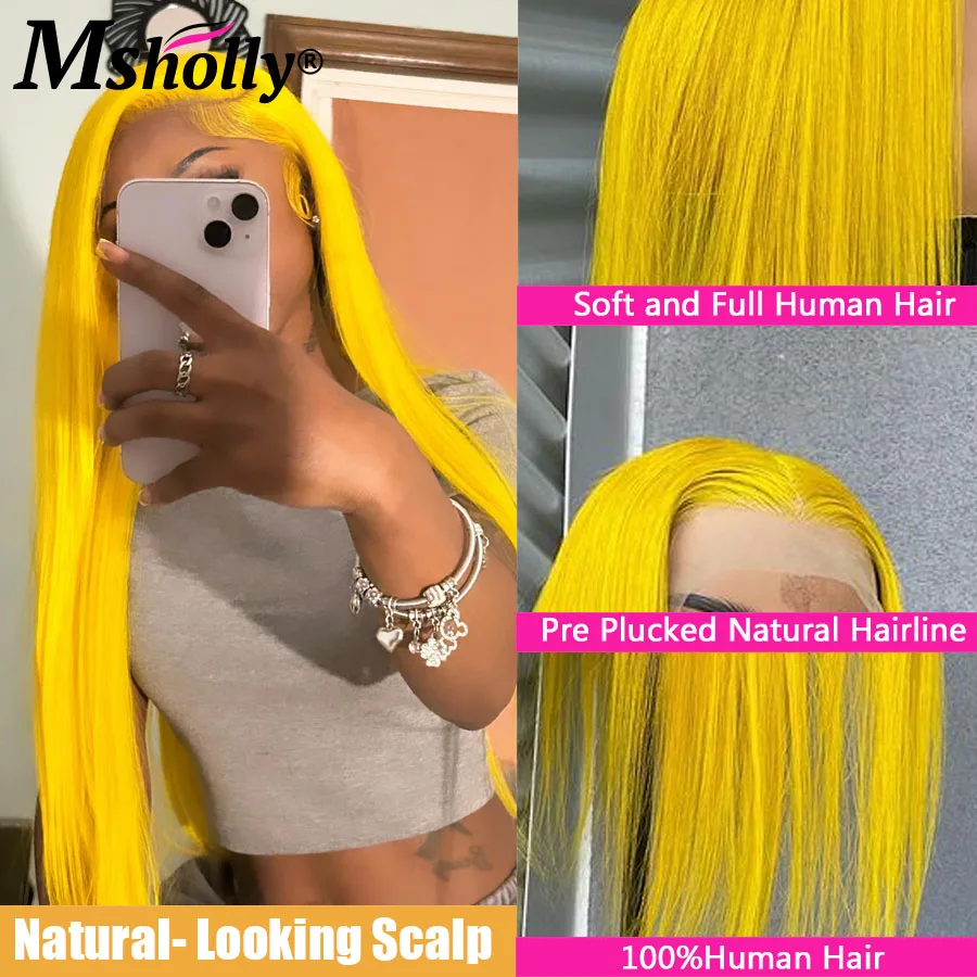 Прямой парик ярко-лимонного желтого цвета 100% человеческие волосы короткий Боб 13x