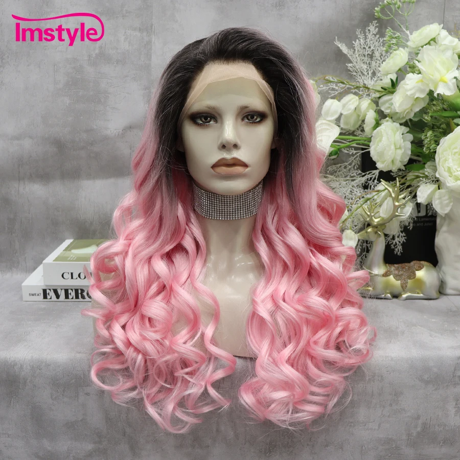 

Imstyle Pink Wig Ombre Synthetic Lace Front Wig Dark Root Natural Hairline Heat Resistant Fiber Long Wavy Wigs For Women Cosplay