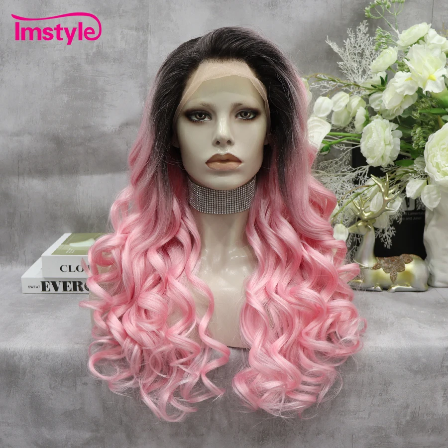 

Розовый парик Imstyle с эффектом омбре, парик из синтетического кружева спереди, темные корни, натуральные волосы, термостойкие волоконные дли...