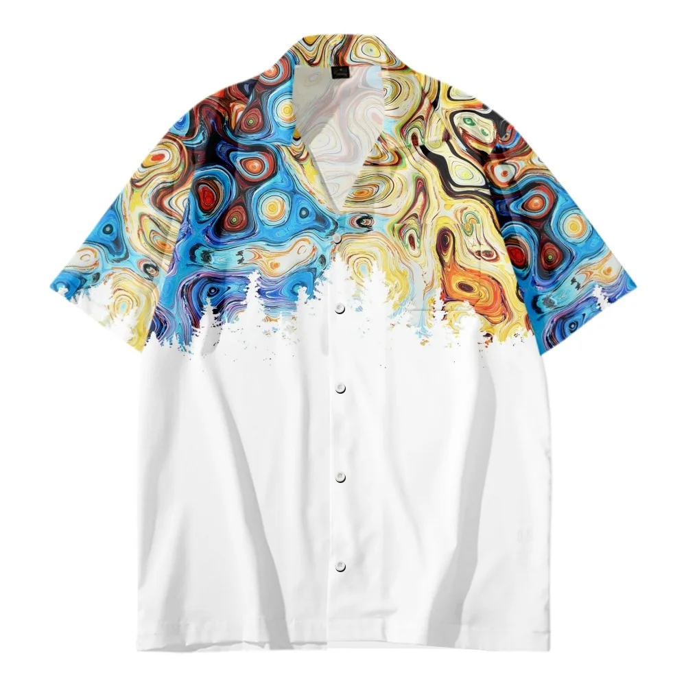 

2022 Psychedelic Rainbow Swirl Pattern Print Shirt, Fashion Casual Psychedelic Retro Art Summer Cuban Collar Loose Shirt for Men