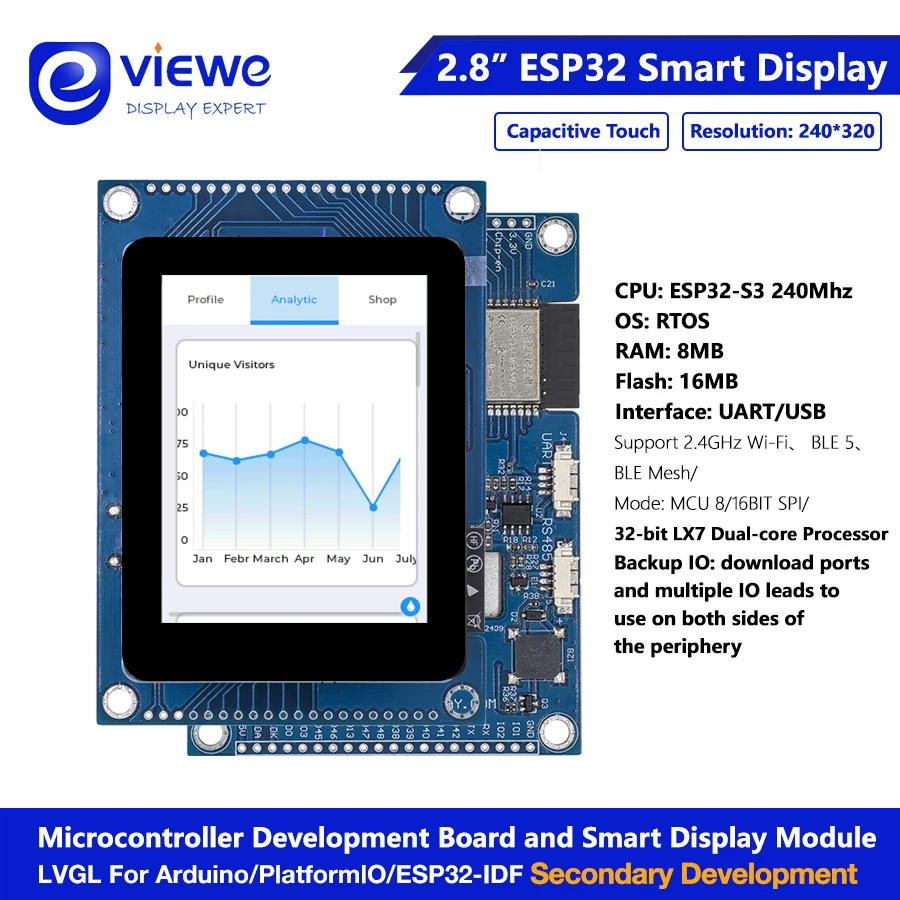2 8-дюймовый 240*320 ESP32 S3 Дисплей Макетная плата Двухъядерный LVGL HMI 16M Flash Ardu-ino WIFI и Bles