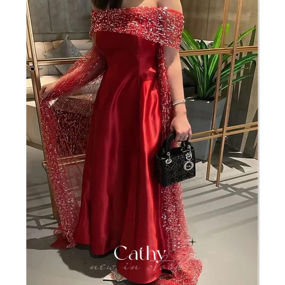 

Cathy Elegant Prom Dress Princess Off Shoulder Party Dress Claret Evening Dress Sequins Cape Vestidos De Noche فستان سهرة