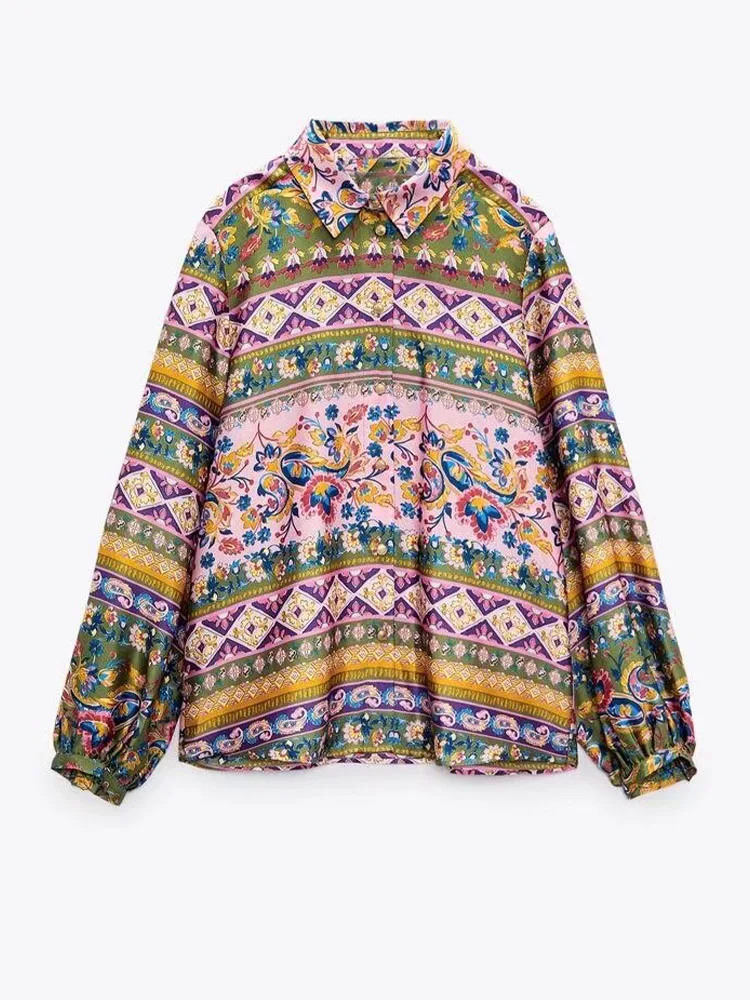 

Zach AiIsa New Women's Fashion Vintage Print Versatile Lapel Long Sleeve Loose Satin Texture Single Breasted Shirt