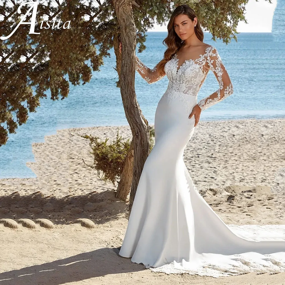 

Женское свадебное платье со шлейфом It's yiiya, белое кружевное платье с круглым вырезом, длинными рукавами, открытой спиной и аппликацией на пуговицах на лето 2019
