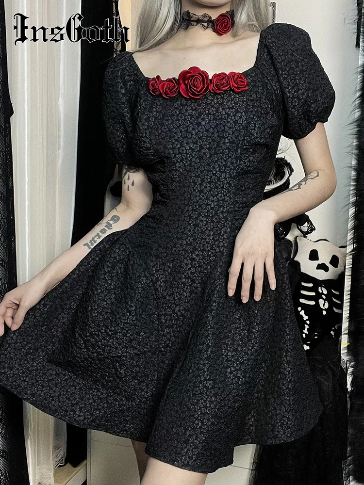 

InsGoth Y2K Gothic Luxury Fashion Mini Dress High Waist Rose Aesthetic Short Sleeve Partywear Print Folds Emo Woman Club Dresses
