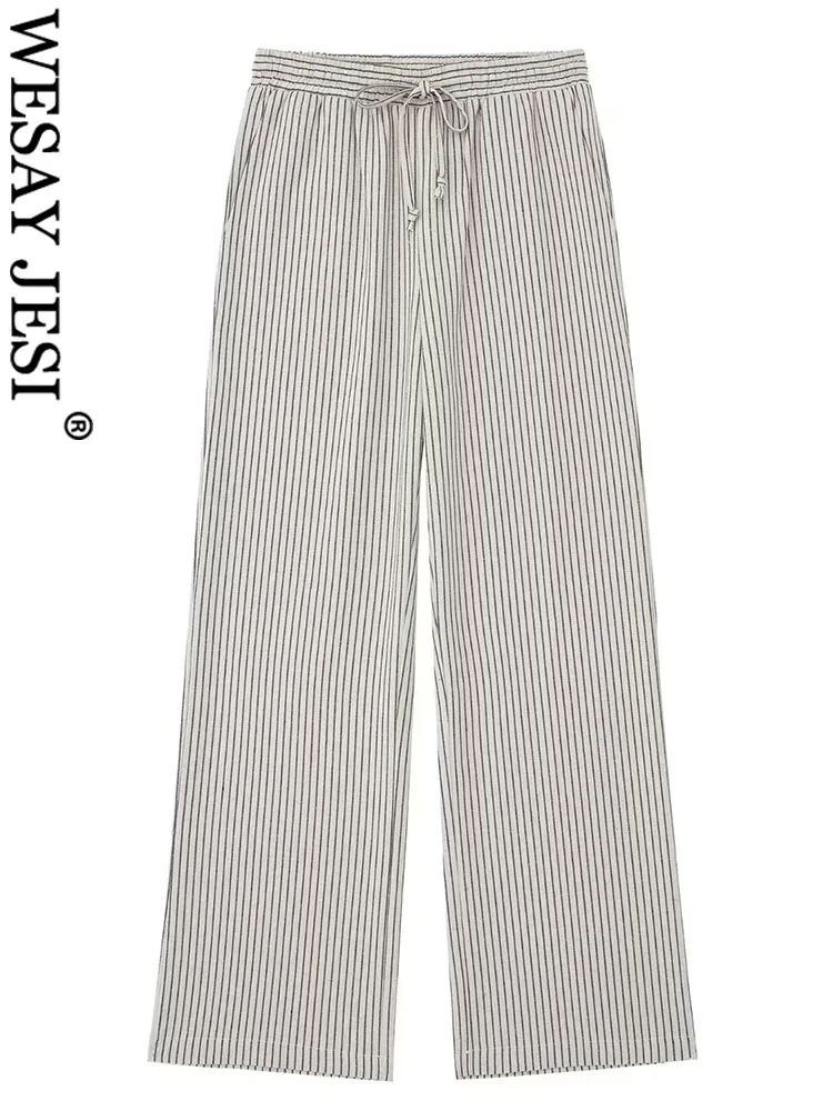 

Женские Элегантные брюки WESAY JESI TRAF, серые и белые полосатые брюки с эластичным поясом и бантом на шнуровке, женские модные широкие брюки