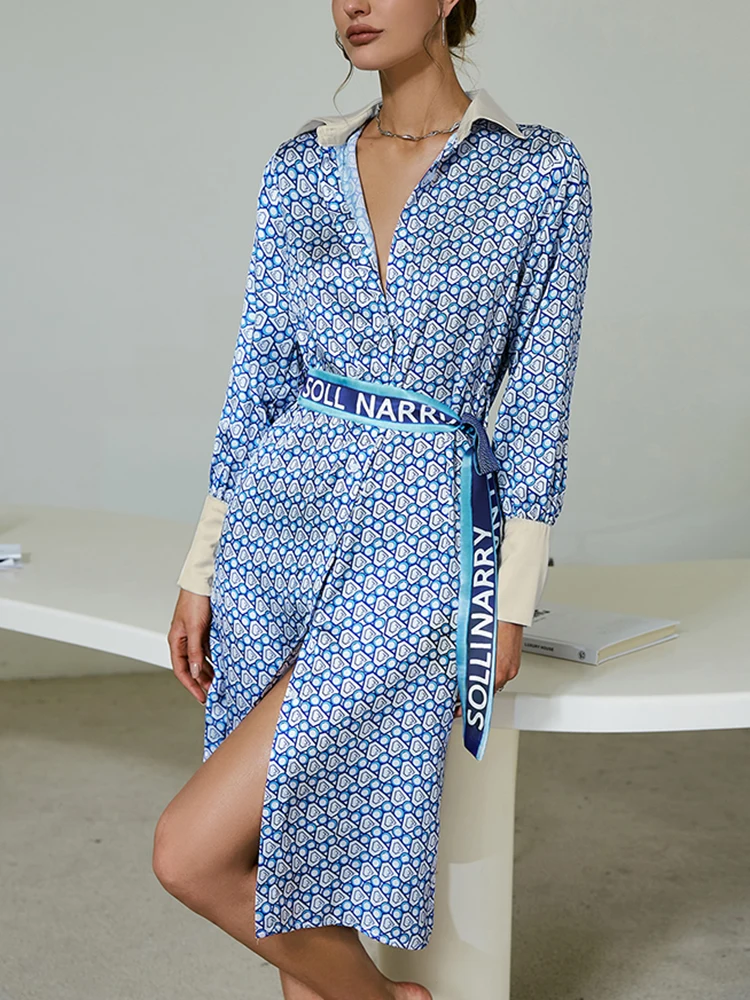 

BerryGo Dresses for women 2022 Luxury designer Elegant single breasted blet midi vestidos Long sleeve party satin shirt dress