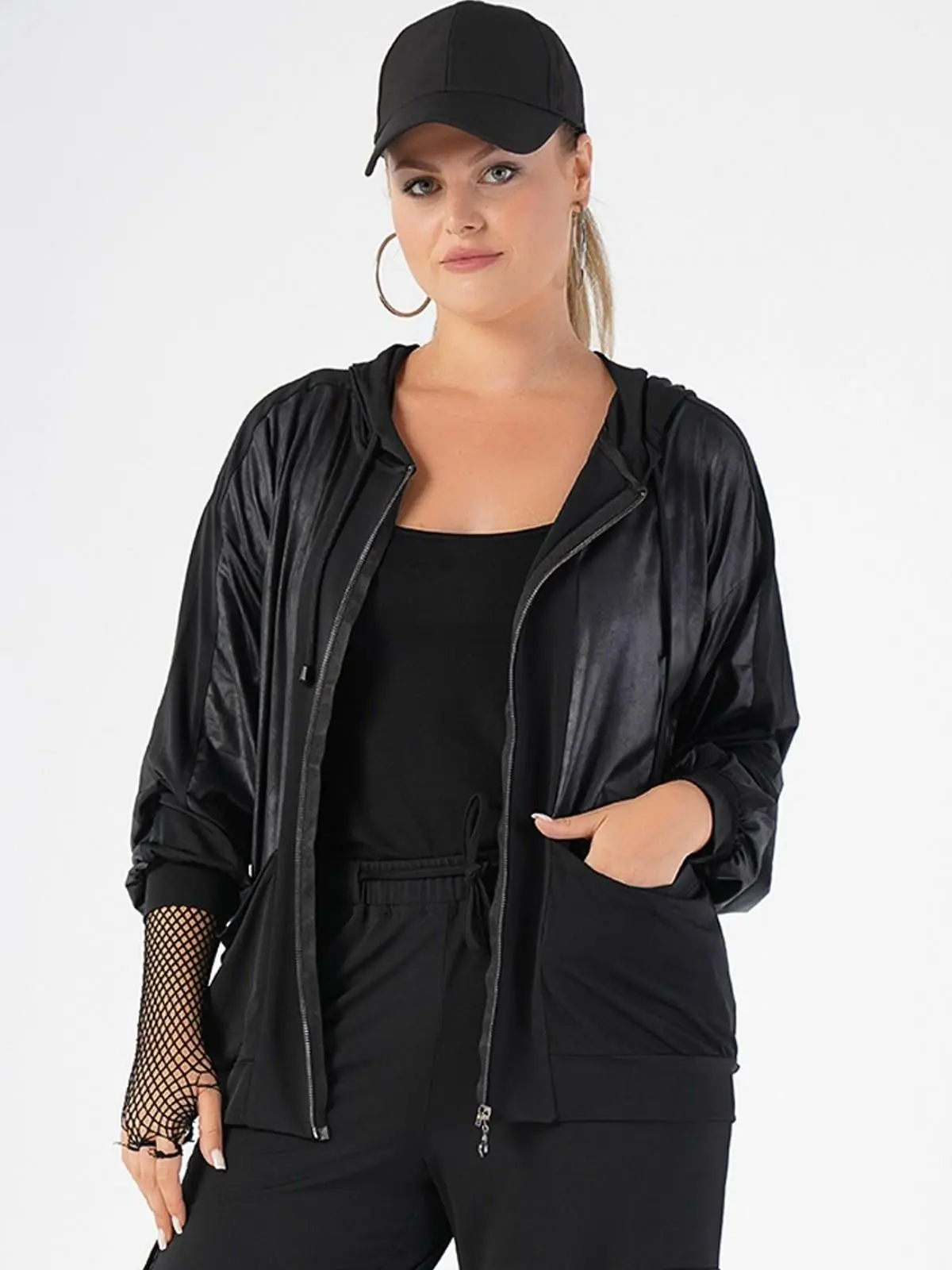 Hooded Leather Accessories Zippered Black Plus Size Winter Jacket New Season Women's Outwear 4xl 5xl 6xl