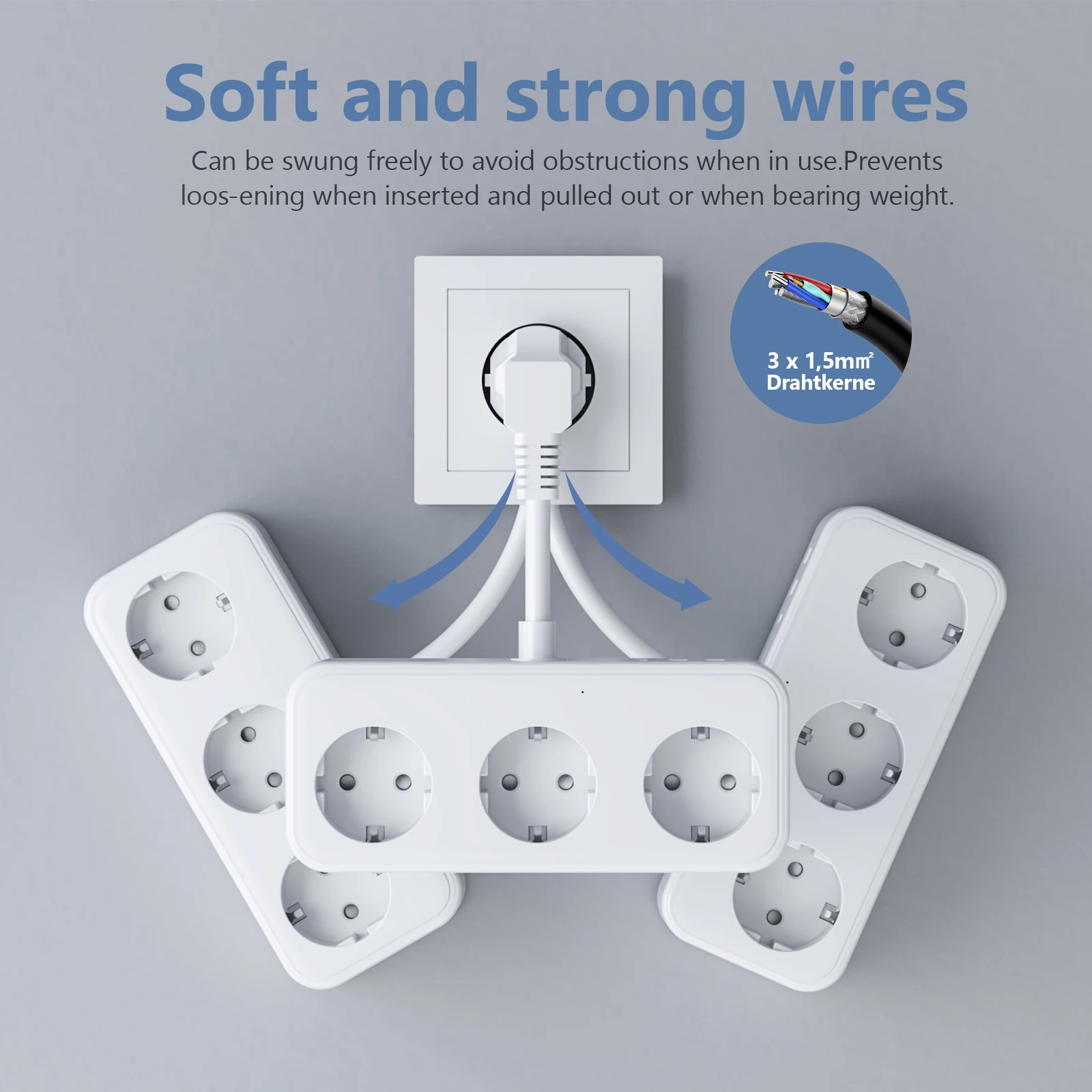 Удлинитель с вилкой европейского стандарта 2 порта USB A 1 тип C и 3 розетками