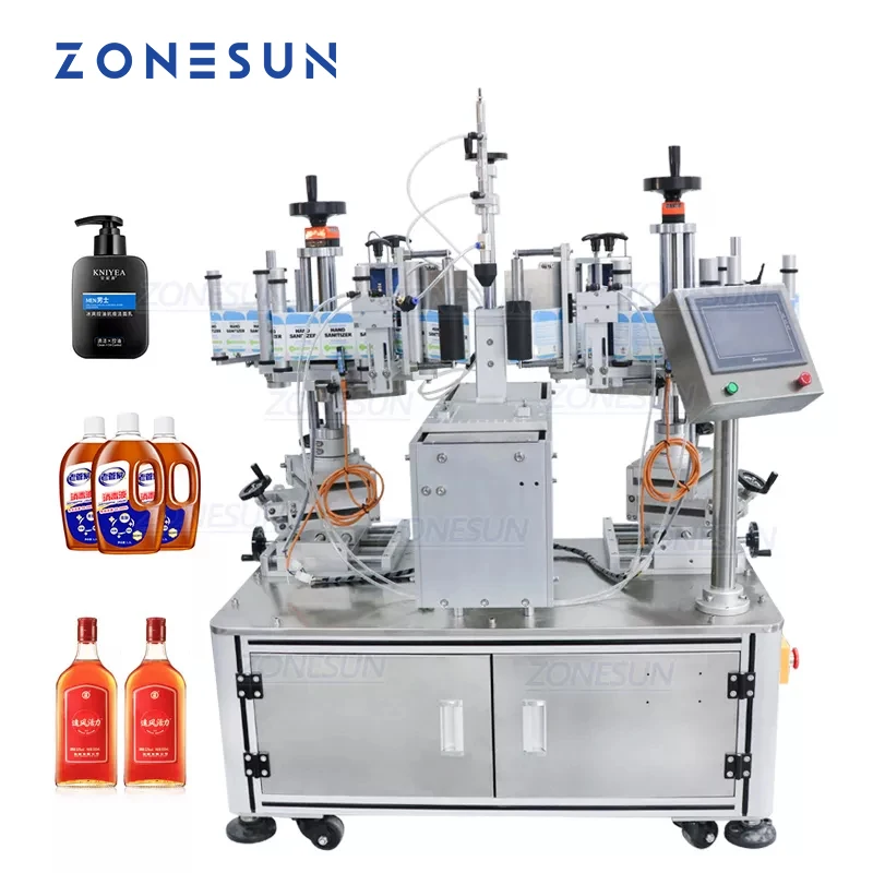

ZONESUN ZS-TB806 Semi Automatic Double-side Alcohol Hydrogen Peroxide Liquid Paste PET Flat Bottle Sticker Labeling Machine