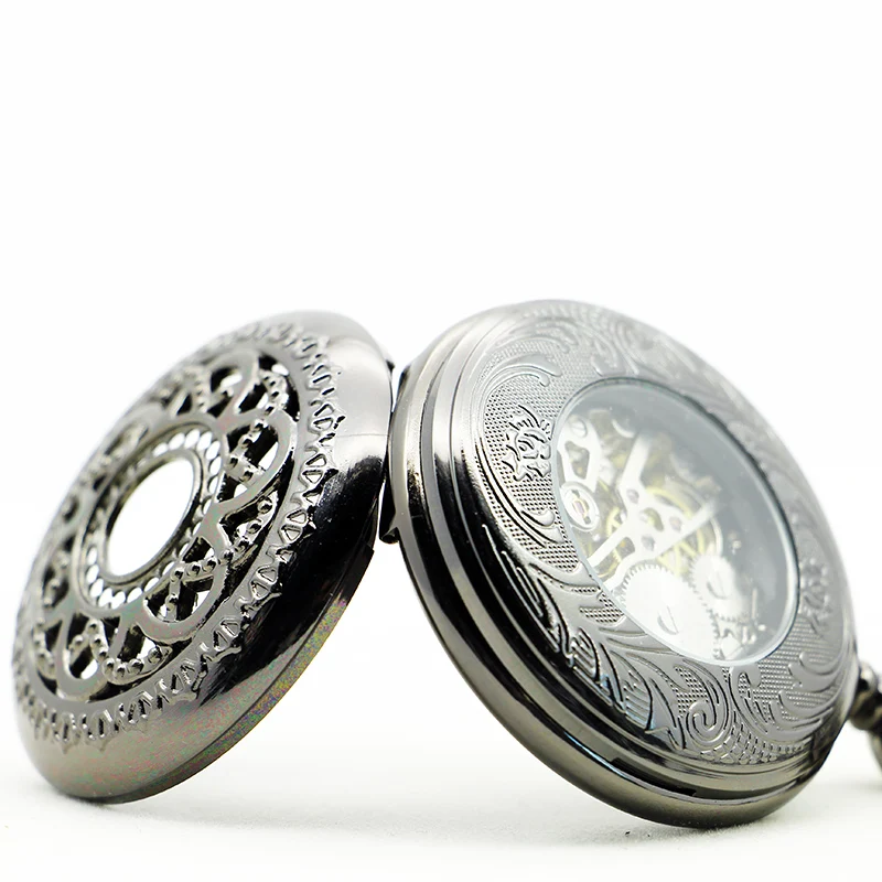 Vintage Skeleton Engraved Hunter Mechanical Pocket Watch For Women Blue Roman Numeral Dial Hand Wind Watch Chain Pendant Gifts