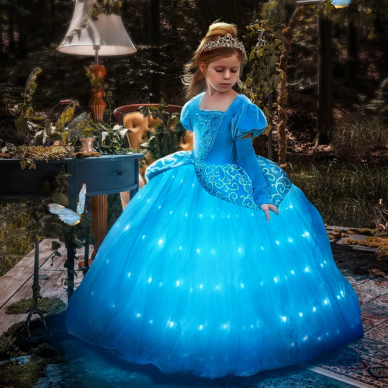 Girls Cinderella LED Light Up Dress Cosplay Princess Carnival Fancy Outfits Children Christmas Fantasy Disguise Birthday Clothes