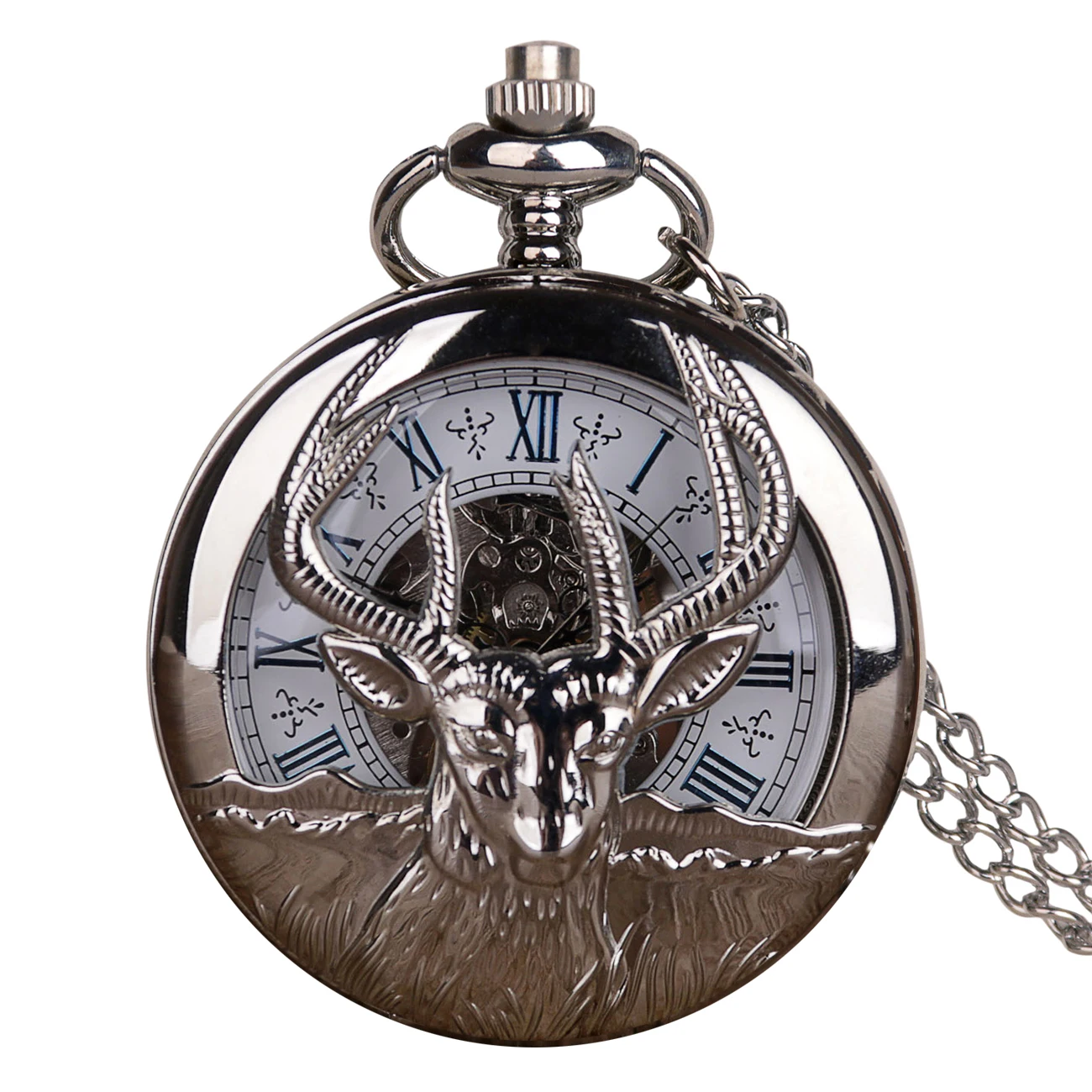 Double Hunter Mechanical Pocket Watch Elk Pattern Roman Numerals Dial Manual Machinery Silver Fob Chain Pendant Clock Male